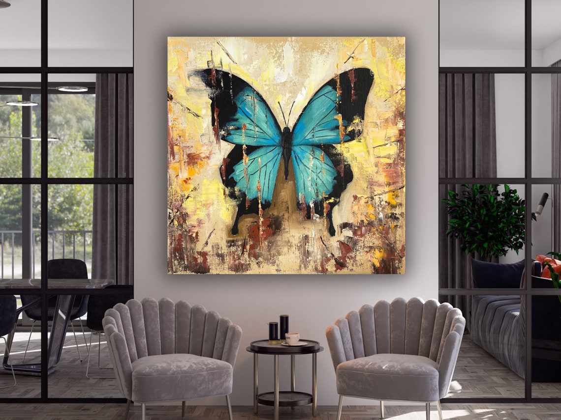 Blue Morpho Butterfly Gold Abstract Background Insect Art Poster - Image 3