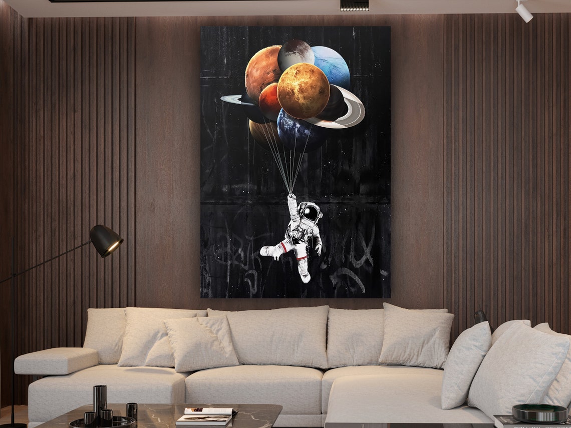 Astronaut Floating Planet Balloons Surreal Space Graffiti Poster - Image 2