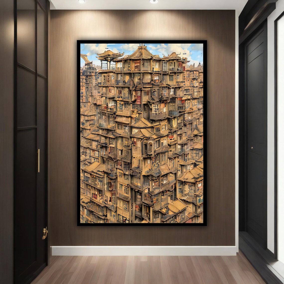 Surreal Asian Old City Stacked Houses Fantasy Painting Wall Poster