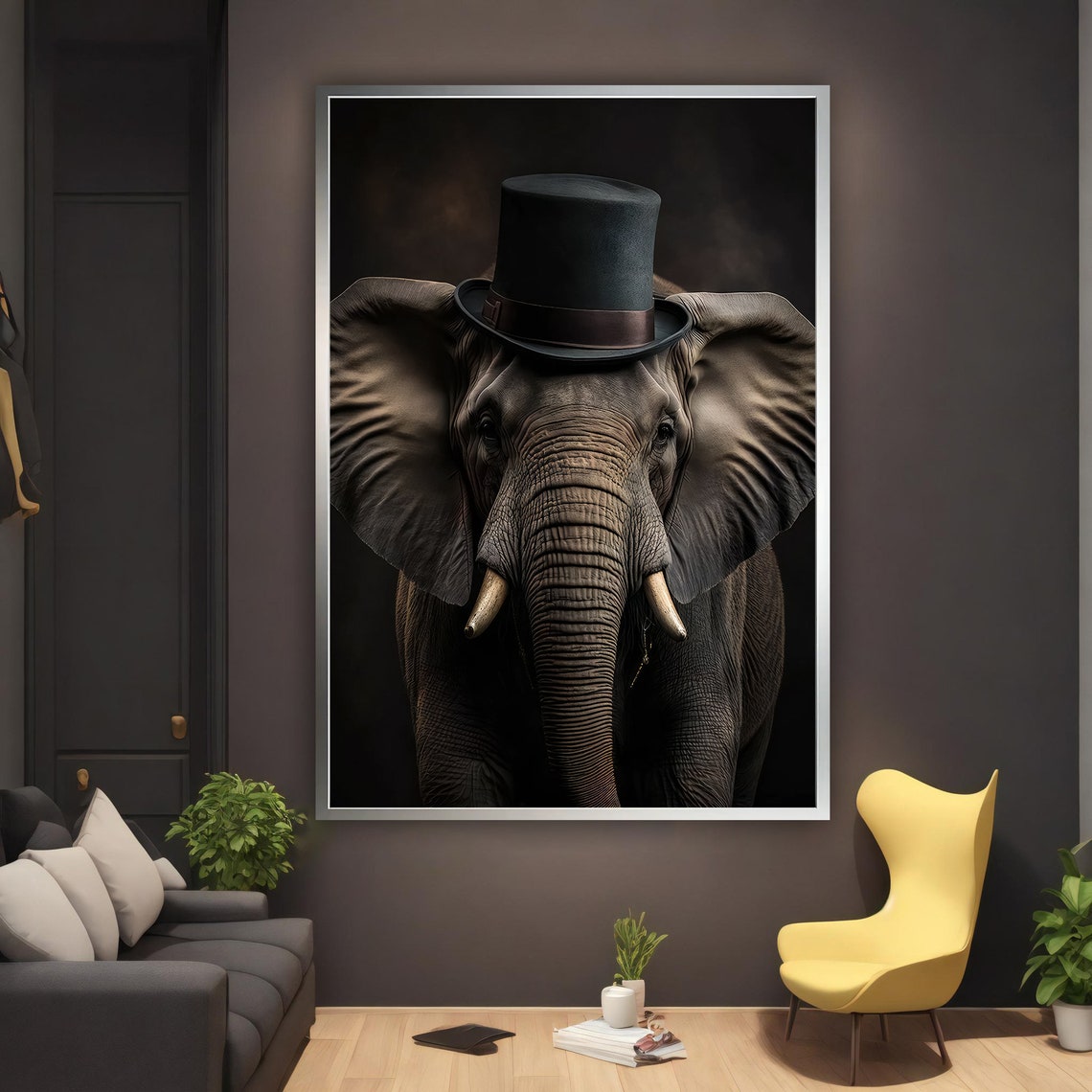 Elephant Wearing Top Hat Dramatic Black Portrait Painting Poster - Image 2