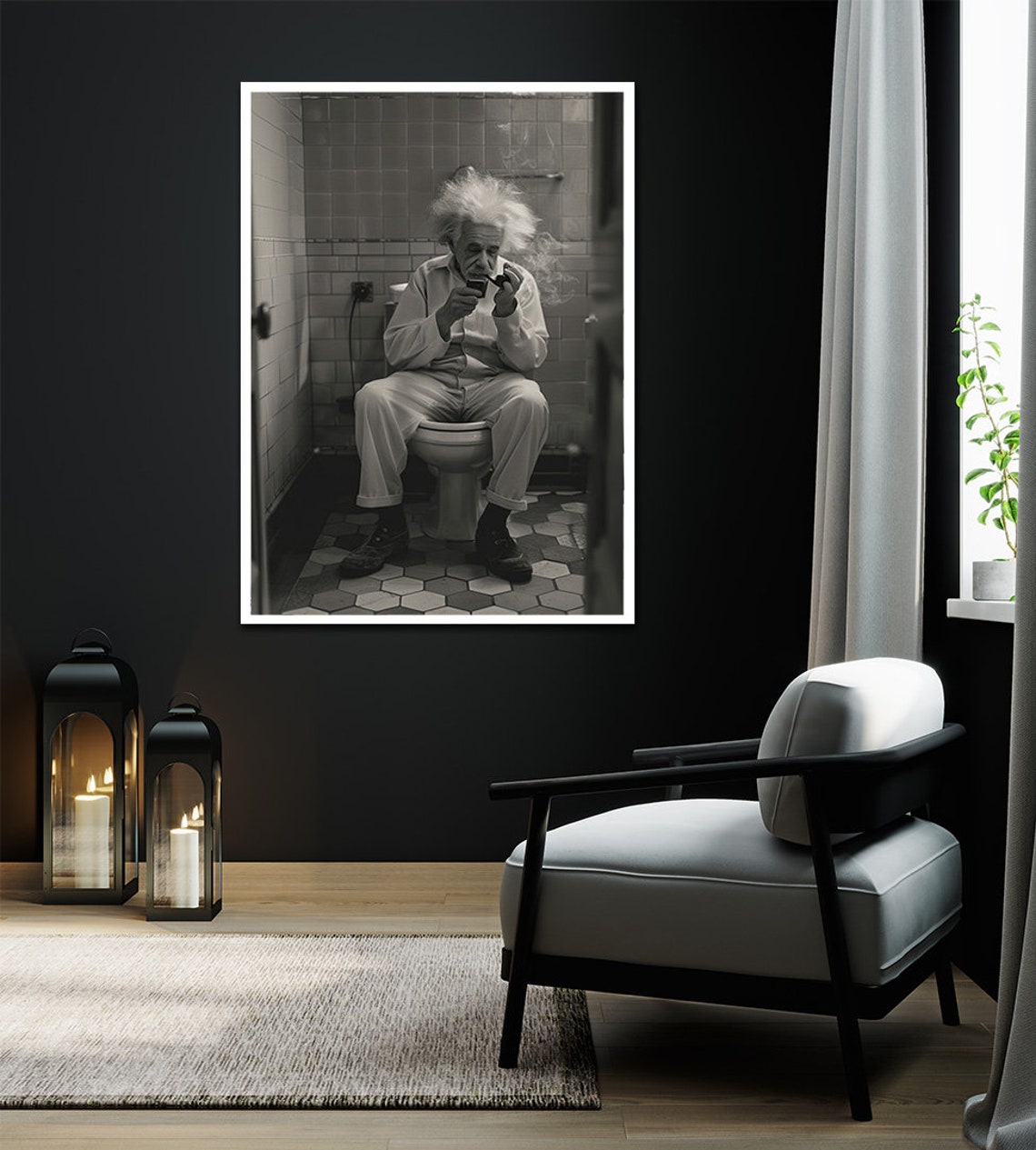 Albert Einstein On Toilet Smoking Black And White Humor Poster - Image 2