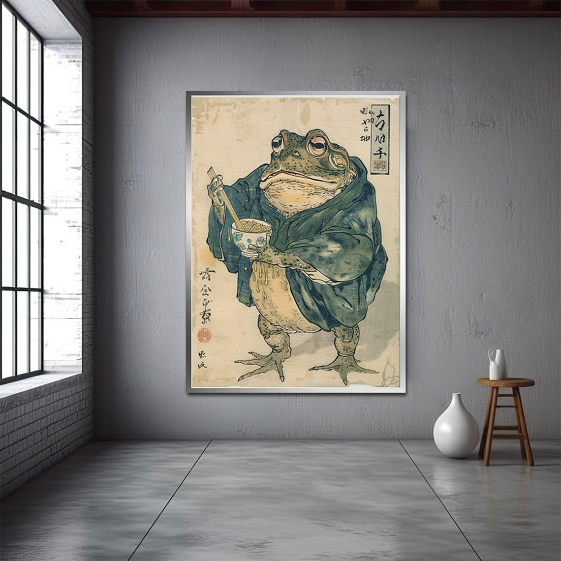 Japanese Woodblock Frog Tea Funny Vintage Ukiyo E Art Poster - Image 2