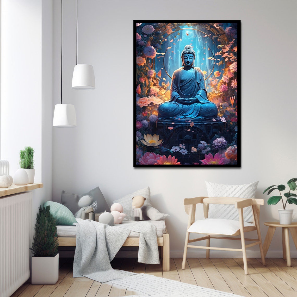 Blue Buddha Falling Flowers Dream Waterfall Meditation Wall Art Print - Image 3
