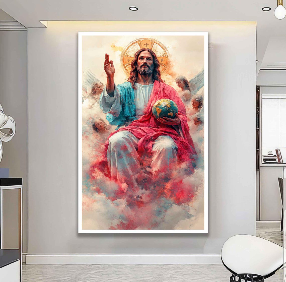 Jesus Christ Holding Earth Globe Among Angels In Clouds Art Print - Image 2