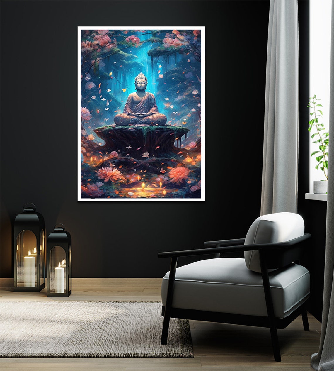 Buddha Meditating Enchanted Forest Lotus Candles Mystical Poster - Image 2