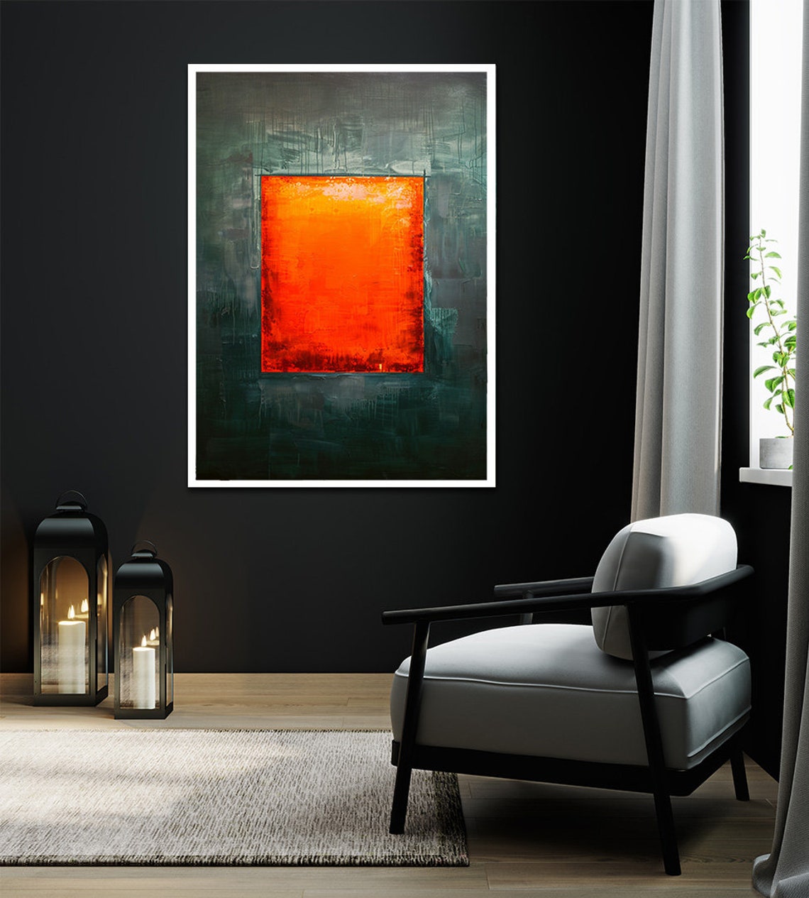 Rothko Style Orange Rectangle Dark Green Abstract Color Field Wall Art - Image 2