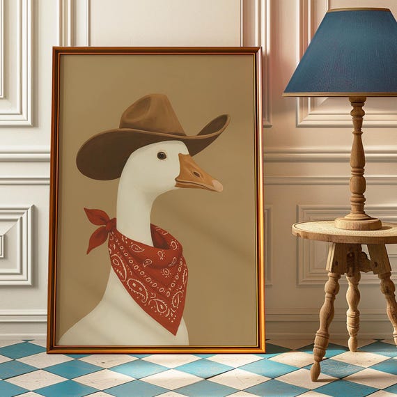 Silly Cowboy Goose Vintage Hat Poster, Nursery Decor