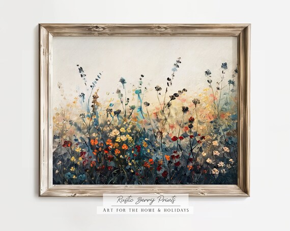 Wildflower Field Landscape Art Print Oil Painting Vintage Print Academia Moody Cottagecore Farmhouse Decor Spring Art
