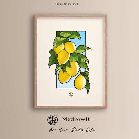 Lemon Tree Art Print Handdrawn Citrus Kitchen Wall Decor Vintage Yellow Fruit Botanical Illustration Summer Fresh Artwork