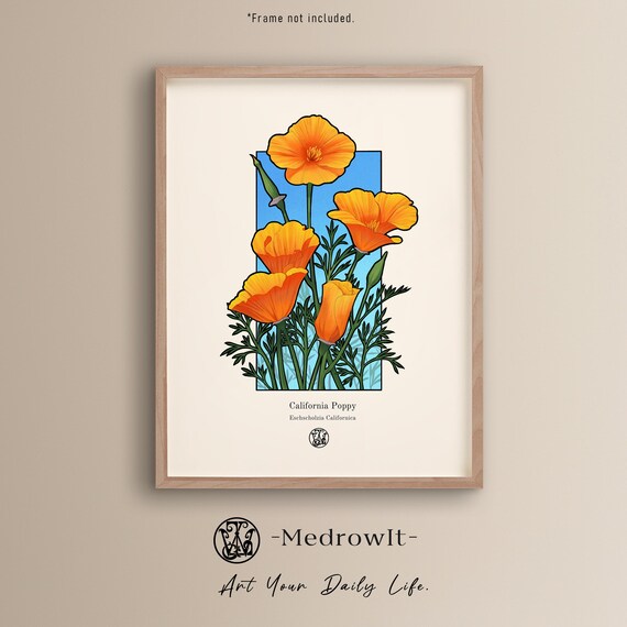 Handdrawn Poppy Wall Art Sunshine Retro Botanical Print Scenic Floral Home Decor Natureinspired Flower Illustration