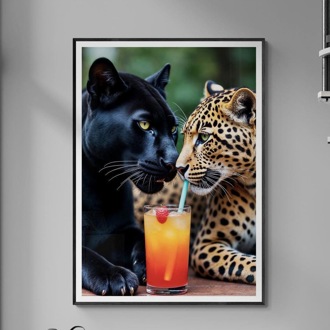 Black Panther and Leopard Sharing a Tropical Cocktail Drink Poster