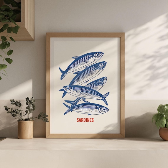 Blue Sardines School Retro Nautical Fish Kitchen Wall Decor Poster