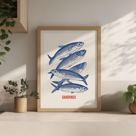 Sardines Nautical Fish Kitchen Print Bold Blue Red Poster