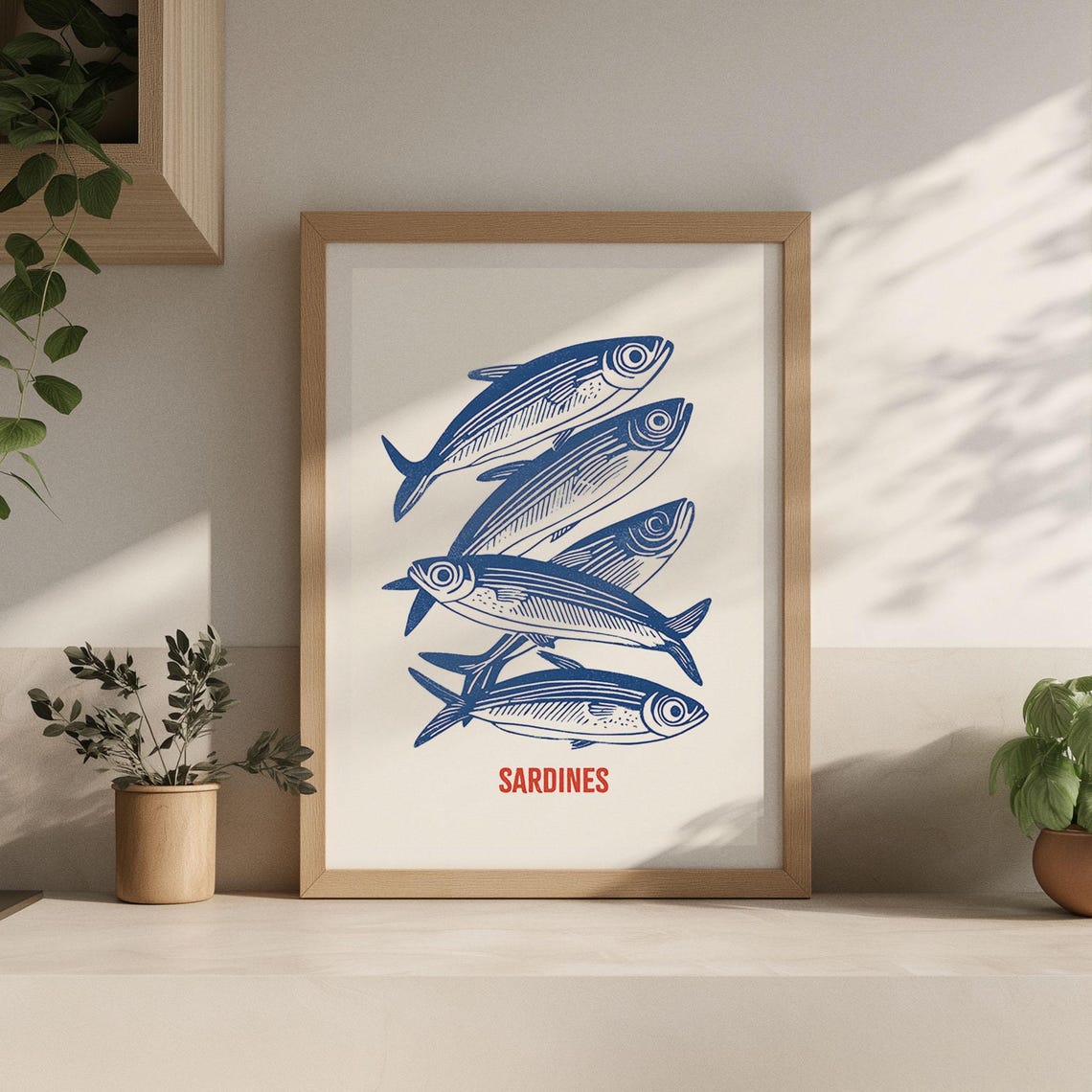 Sardines Nautical Fish Kitchen Print Bold Blue Red Poster