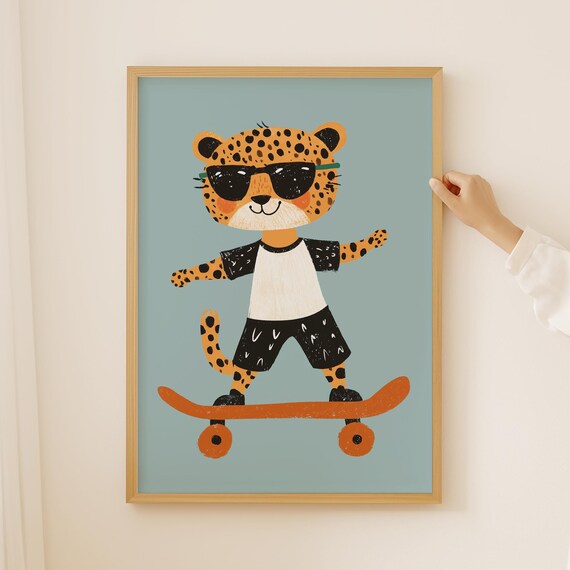 Skateboarding Cheetah Boys Nursery Print Wall Art Modern Animal Kids Playroom Playful Decor