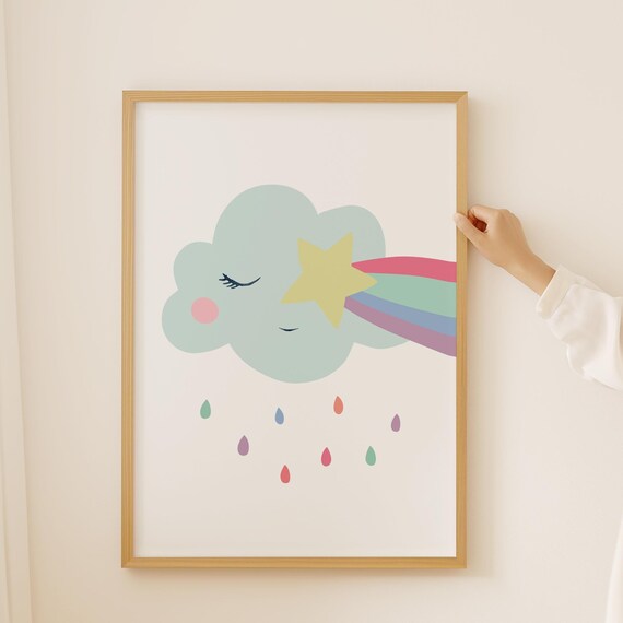 Cute Sleeping Cloud Rainbow Star Nursery Poster Pastel Baby Room Decor