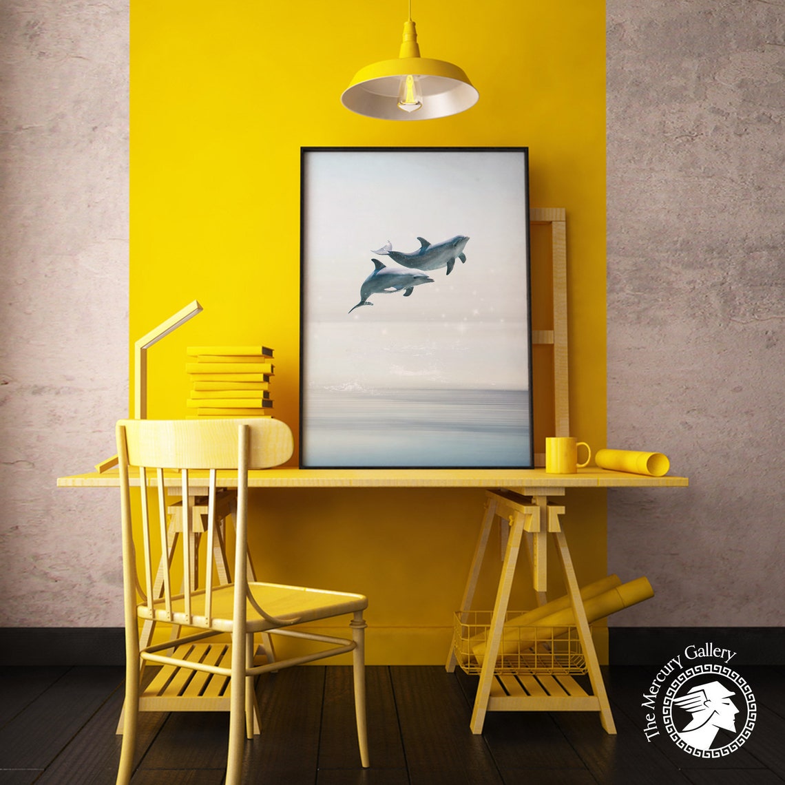 Two Dolphins Leaping Over Calm Ocean Serene Coastal Nursery Wall Print - Image 5