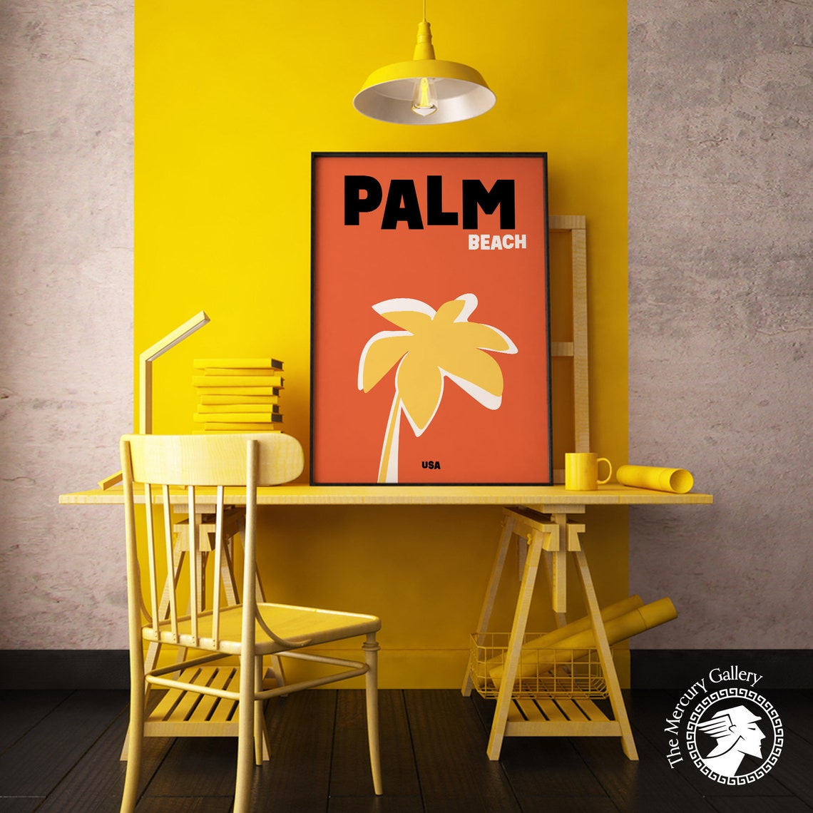 Palm Beach USA Yellow Palm Tree Terracotta Modern Retro Travel Poster - Image 3