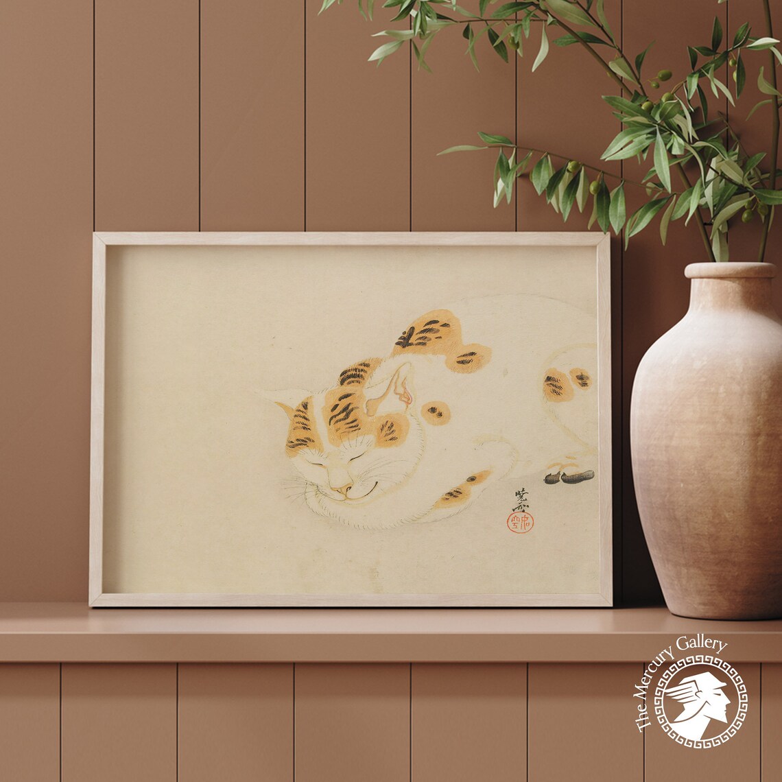 Sleeping Tabby Cat Curled Up Vintage Japanese Ink Painting Cat Art Poster