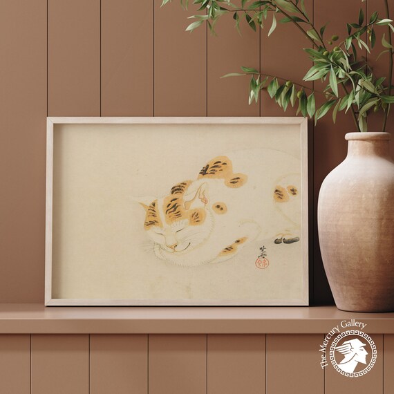 Sleeping Tabby Cat Curled Up Vintage Japanese Ink Painting Cat Art Poster
