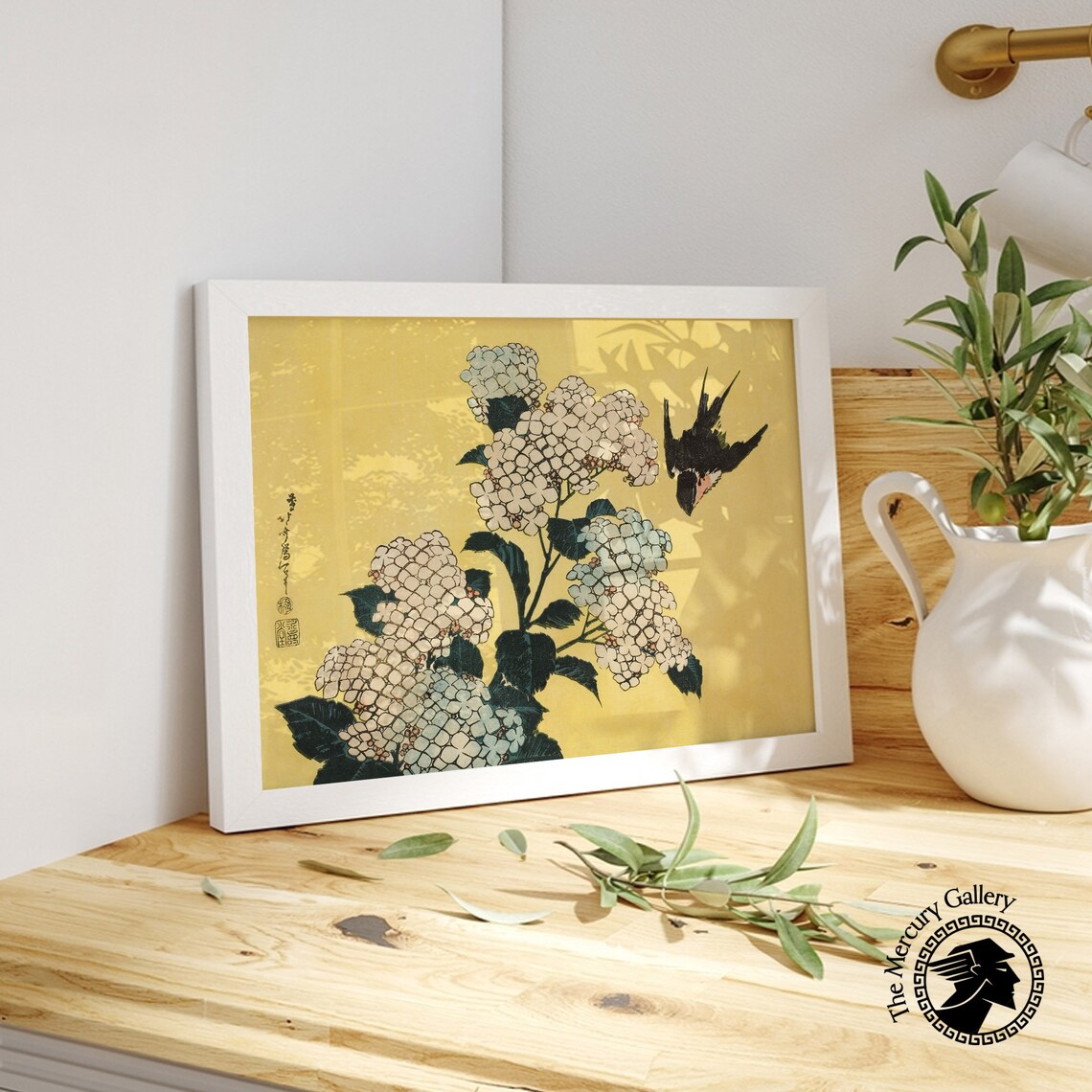 Japanese Woodblock Yellow Flowers and Swallow Art Print - Image 4