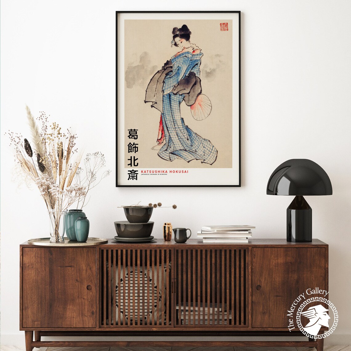 Katsushika Hokusai Japanese Woman in Blue Kimono Full Length Ukiyo E Art Poster - Image 6