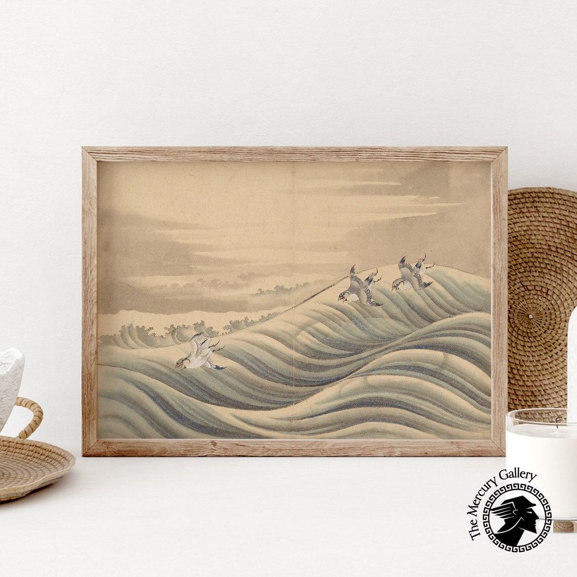 Hokusai Chidori Birds Flying Over Stylized Ocean Waves Ukiyo E Print