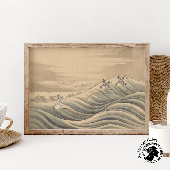 Hokusai Chidori Birds Flying Over Stylized Ocean Waves Ukiyo E Print