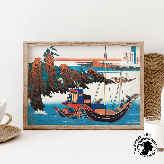 Hokusai Sunset Boats Rocky Coast Woodblock Japanese Seascape Poster