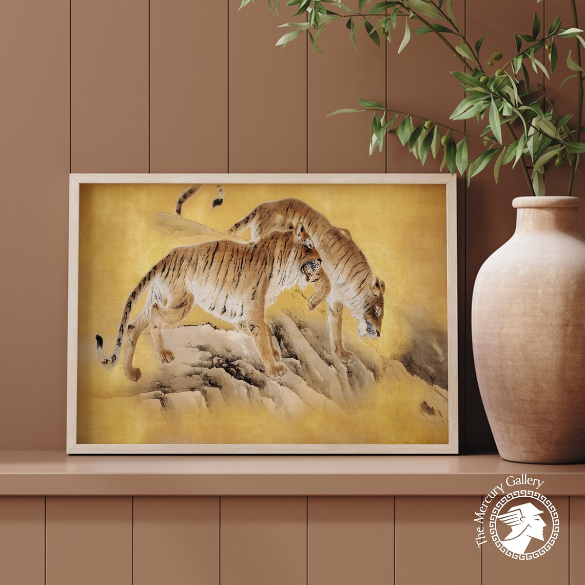 Two Tigers On Gold Leaf Rock Antique Japanese Tiger Wildlife Art Print