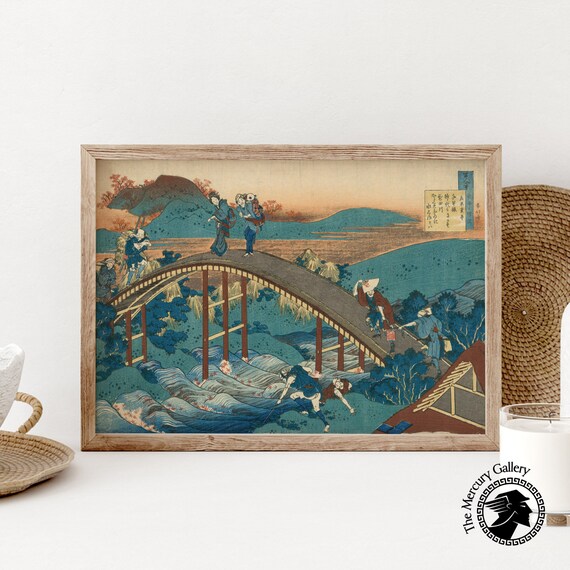 Hokusai Arched Bridge Travelers Autumn River Japanese Woodblock Poster