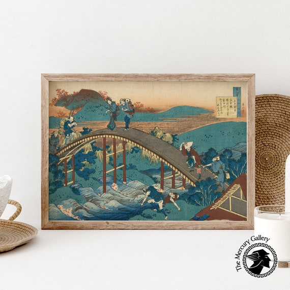Hokusai Print Japan Wall Art Poem By Ariwara No Narihira Japanese Bridge Japanese Posters Woodblock Print Japanese Decor