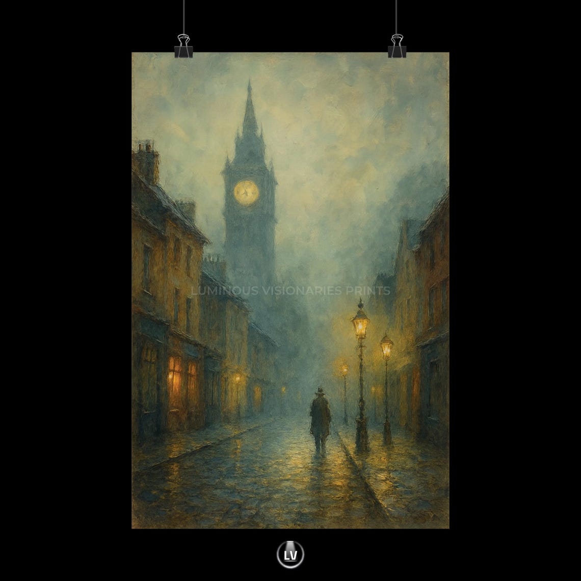 Foggy Big Ben Lonely Figure Gas Lamps Victorian London Art Poster
