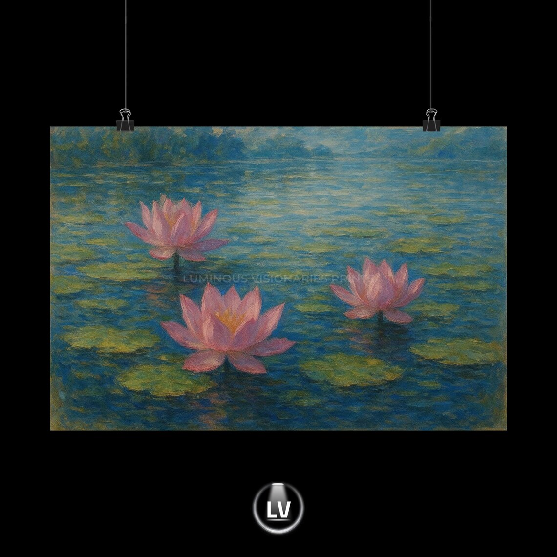 Pink Water Lilies on Blue Pond Impressionist Floral Oil Painting Style Poster