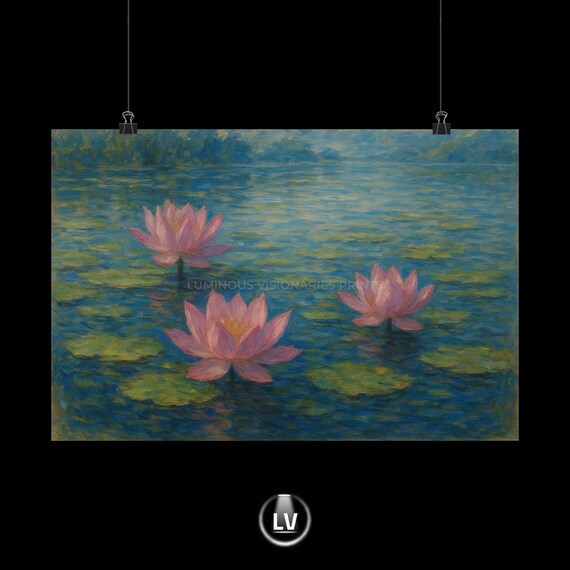 Pink Water Lilies on Blue Pond Impressionist Floral Oil Painting Style Poster
