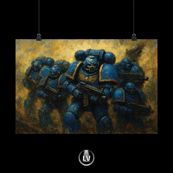 Blue Space Marines Squad Battle Poster Sci-Fi Power Armor Warriors Art