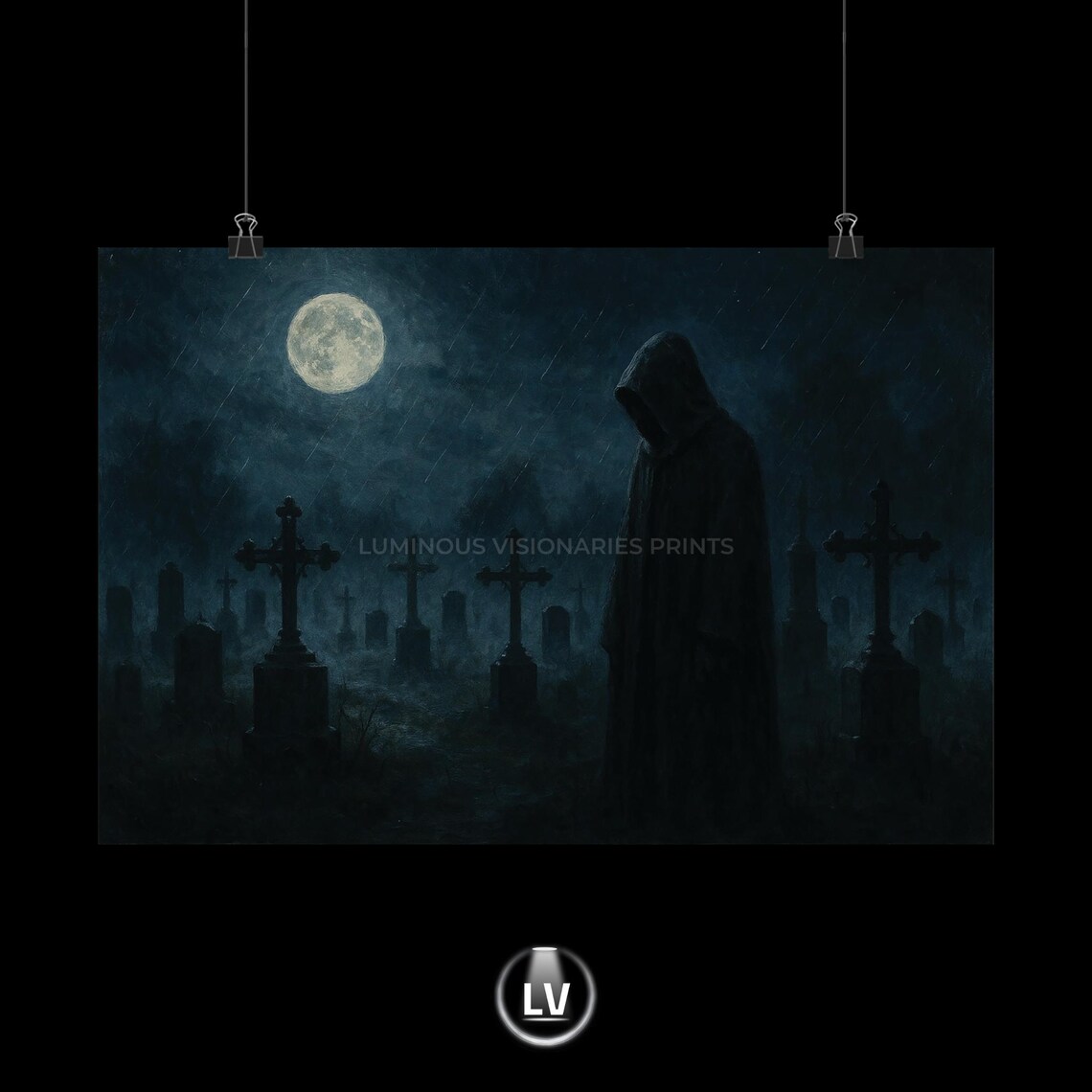 Hooded Figure in Moonlit Rainy Cemetery Gothic Dark Fantasy Painting Poster