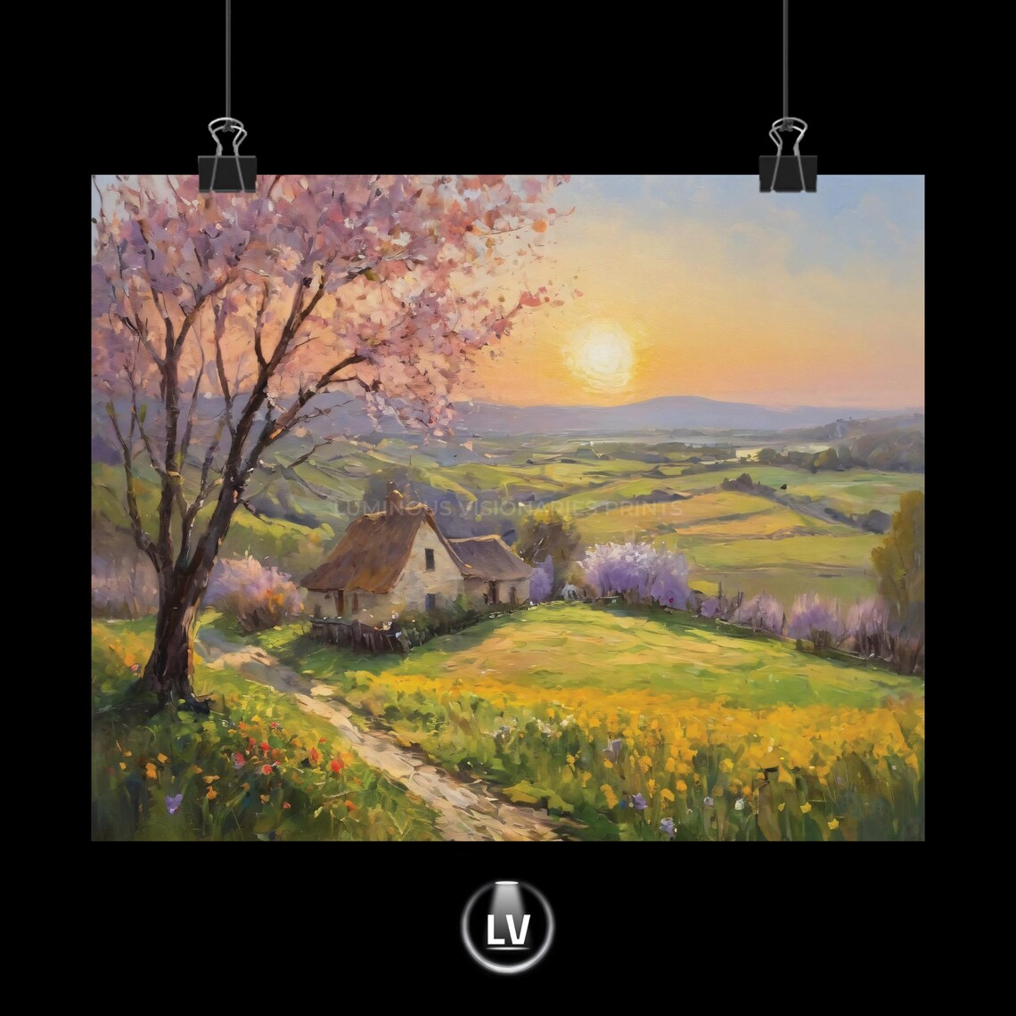 Blossom Tree Thatched Cottage Rolling Hills Sunset Vintage Landscape Poster
