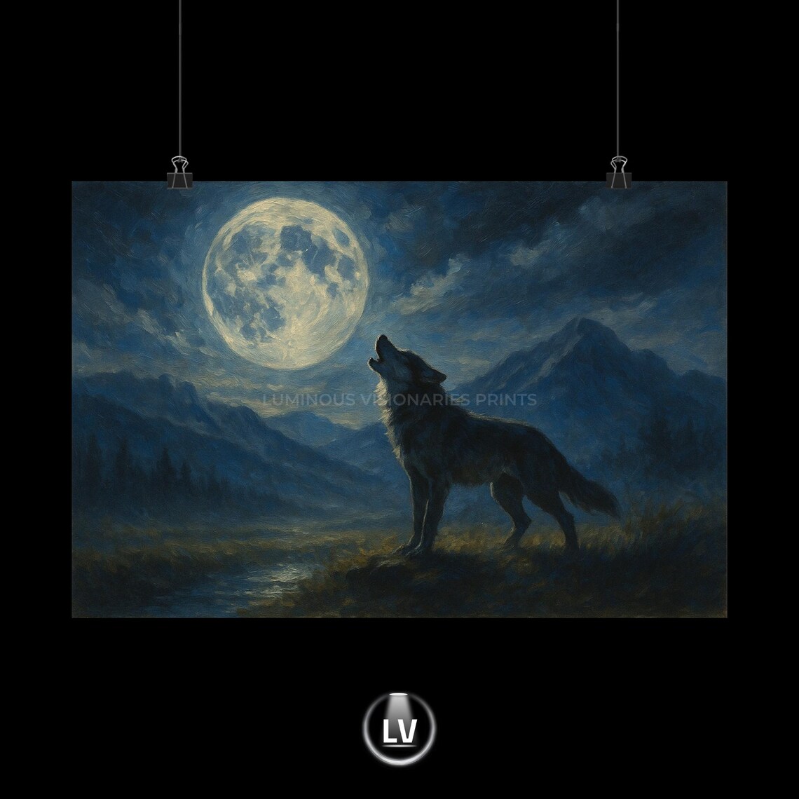 Wolf Howling at Full Moon Mountain Night Vintage Painting Poster