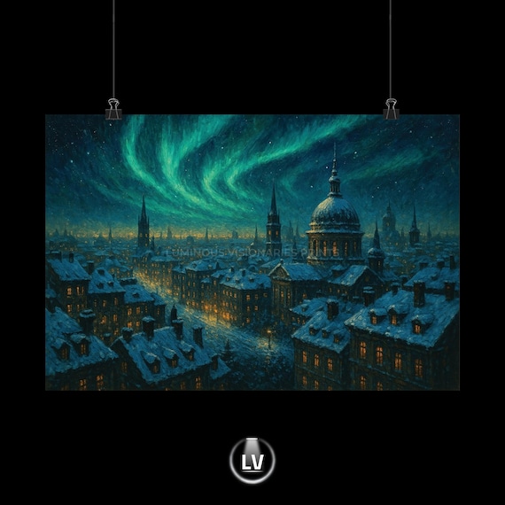 Northern Lights Over Snowy Old Town Winter Night Sky Art Poster