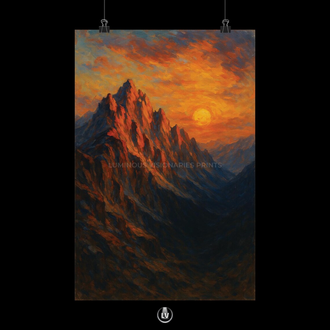 Sunset Mountain Peak Painting Poster Fiery Alpenglow Art Wall Decor Home Gift