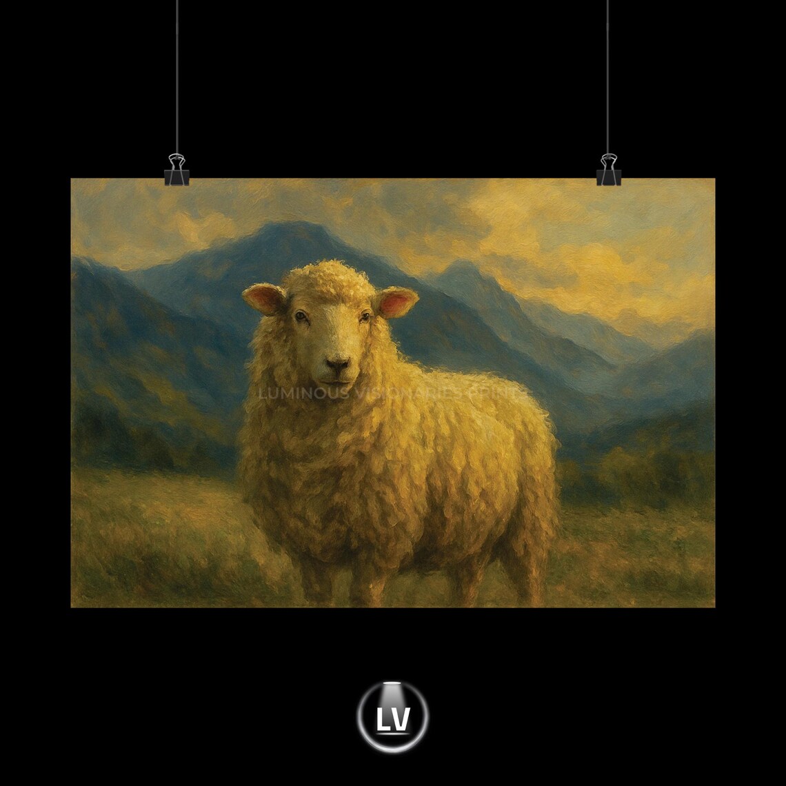 Golden Sheep Mountain Meadow Oil Painting Vintage Animal Wall Art