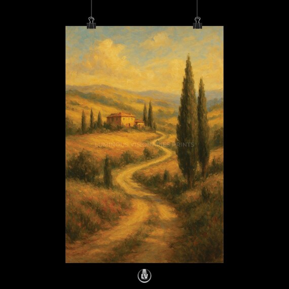 Tuscan Countryside Cypress Trees Villa Golden Road Oil Painting Poster