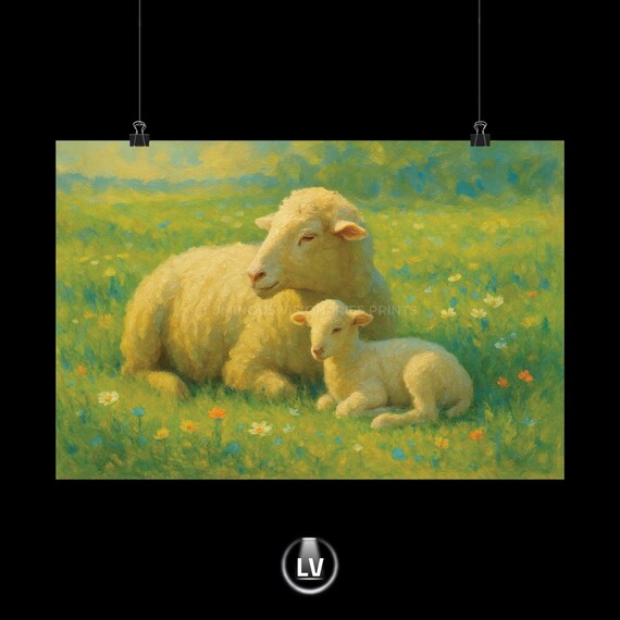 Ewe and Lamb Wildflower Meadow Impressionist Farm Animal Art Poster