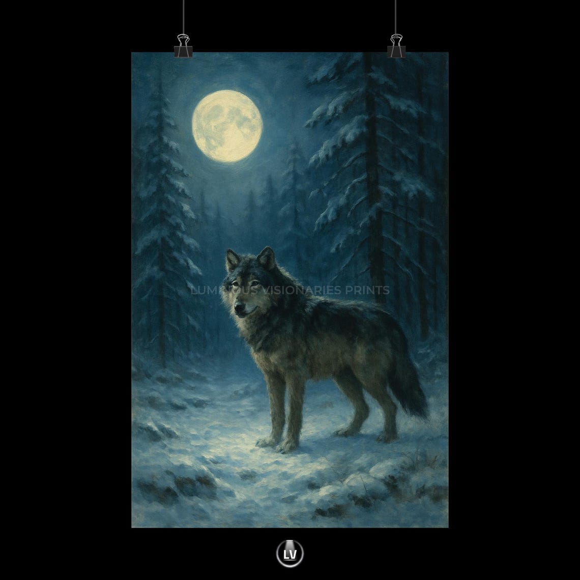 Majestic Wolf Under Full Moon Snowy Forest Night Painting Poster