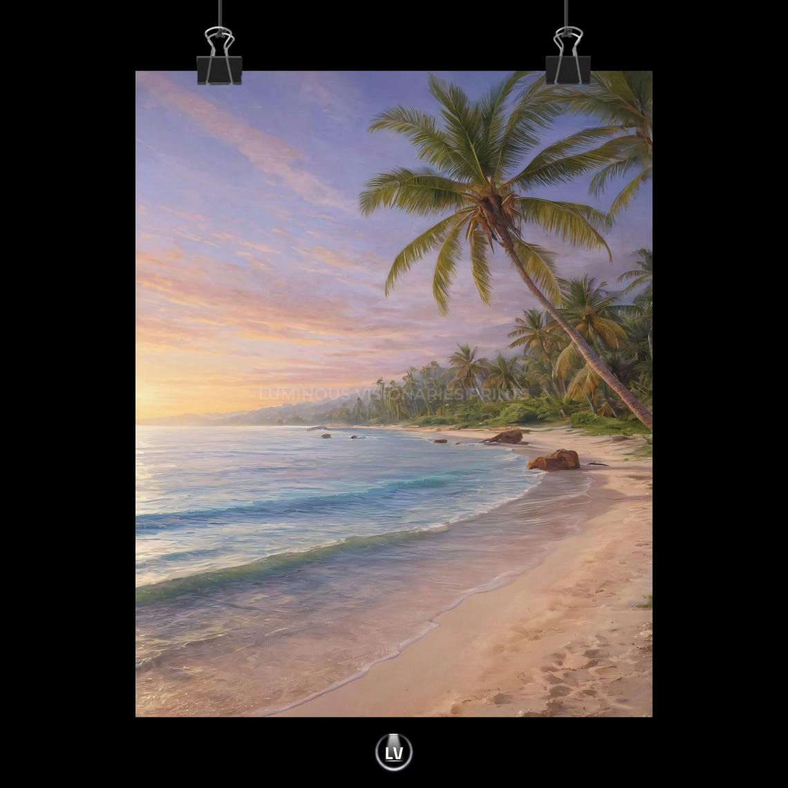 Tropical Palm Beach Pastel Sunset Ocean Waves Canvas Style Poster