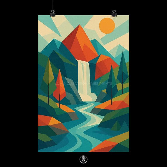 Geometric Mountain Waterfall River Forest Retro Nature Poster