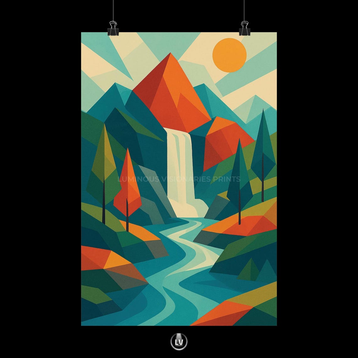 Geometric Mountain Waterfall River Forest Retro Nature Poster