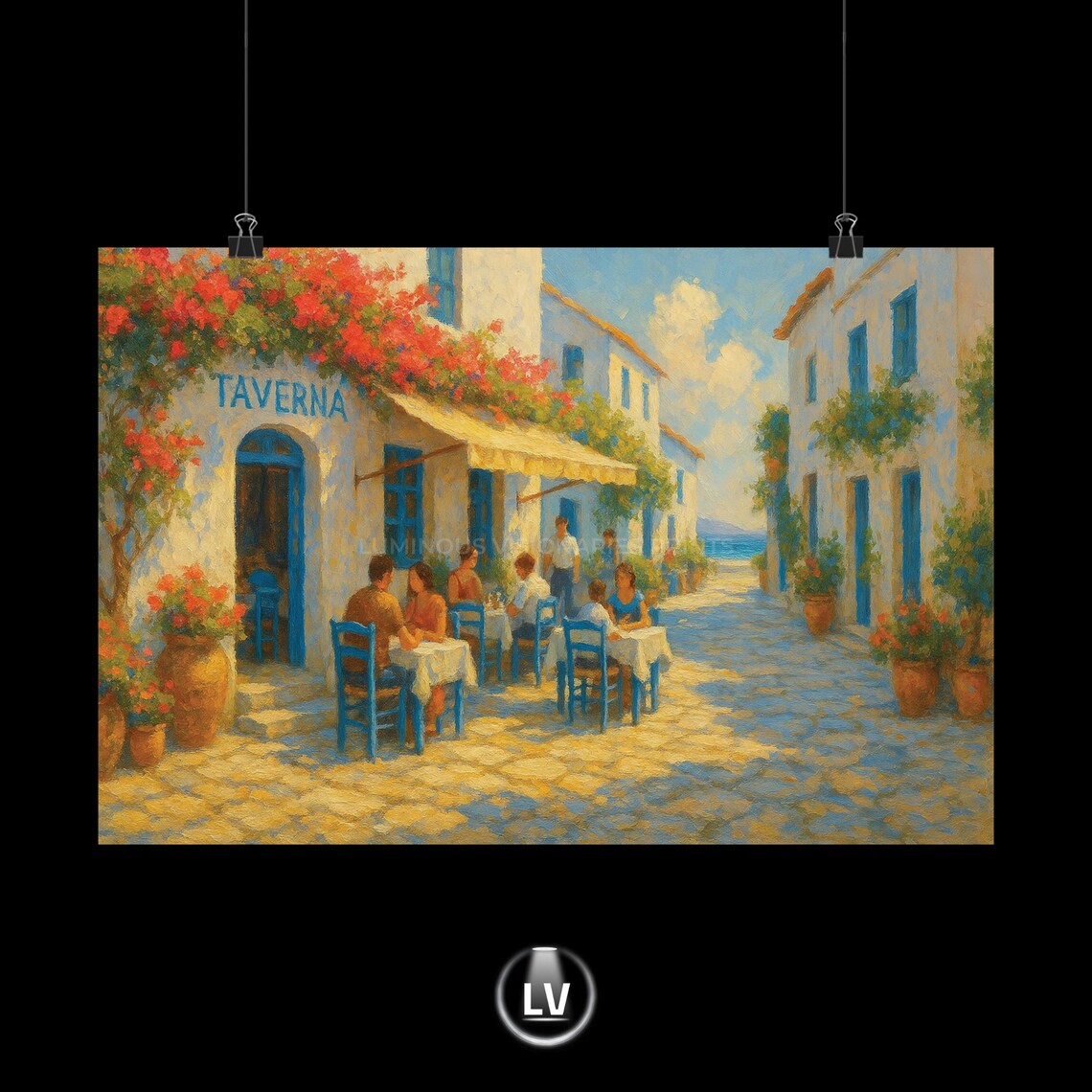Mediterranean Taverna Street Cafe Painting Coastal Wall Poster