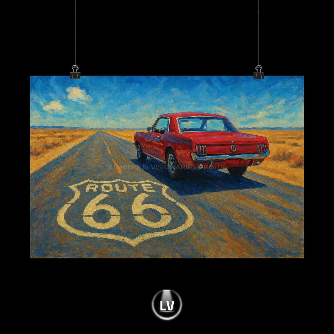 Route 66 Red Classic Mustang Road Oil Painting Poster Retro Travel Artwork